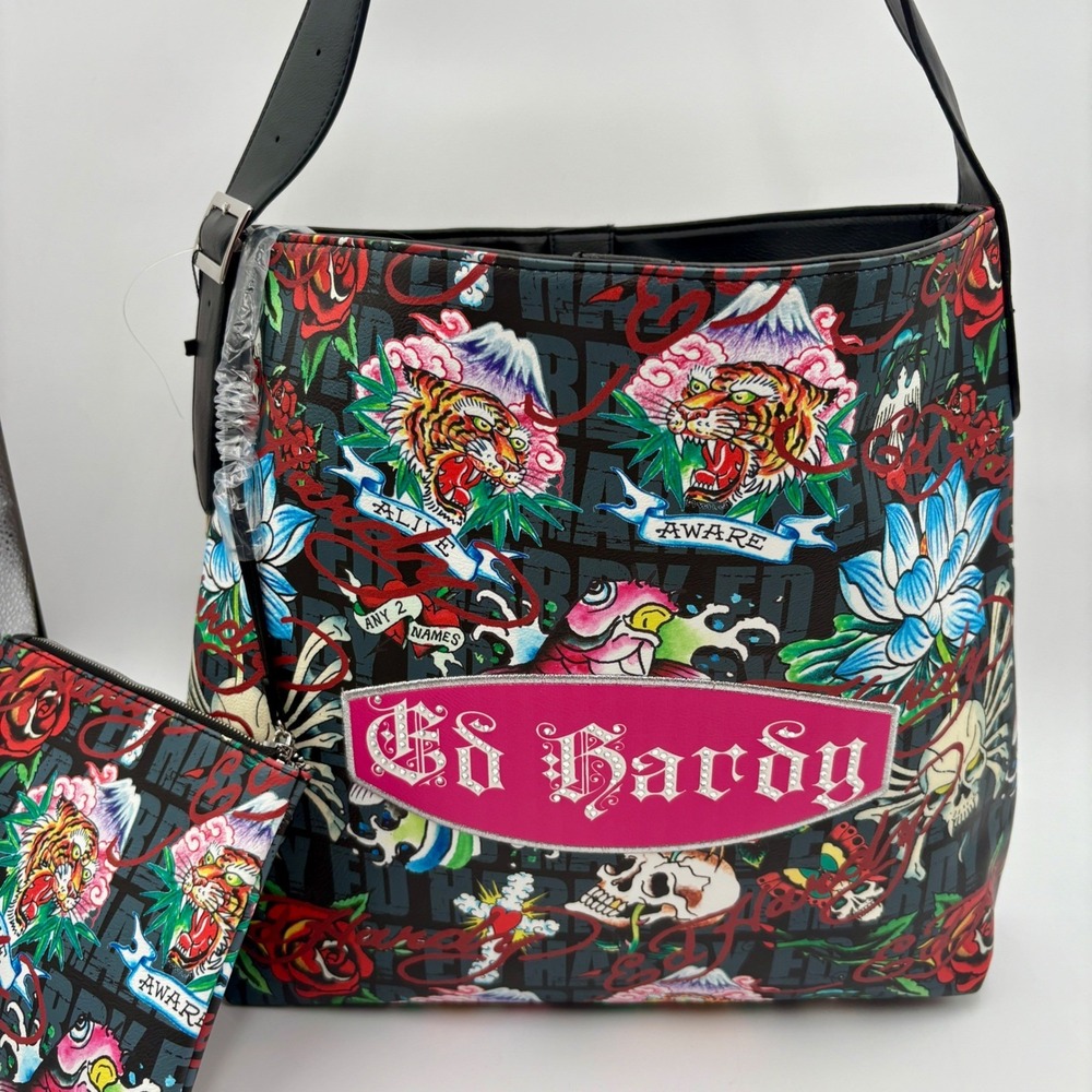 Ed Hardy Tote Bag & Pouch Set Multicolor Tiger Floral Skull NWT